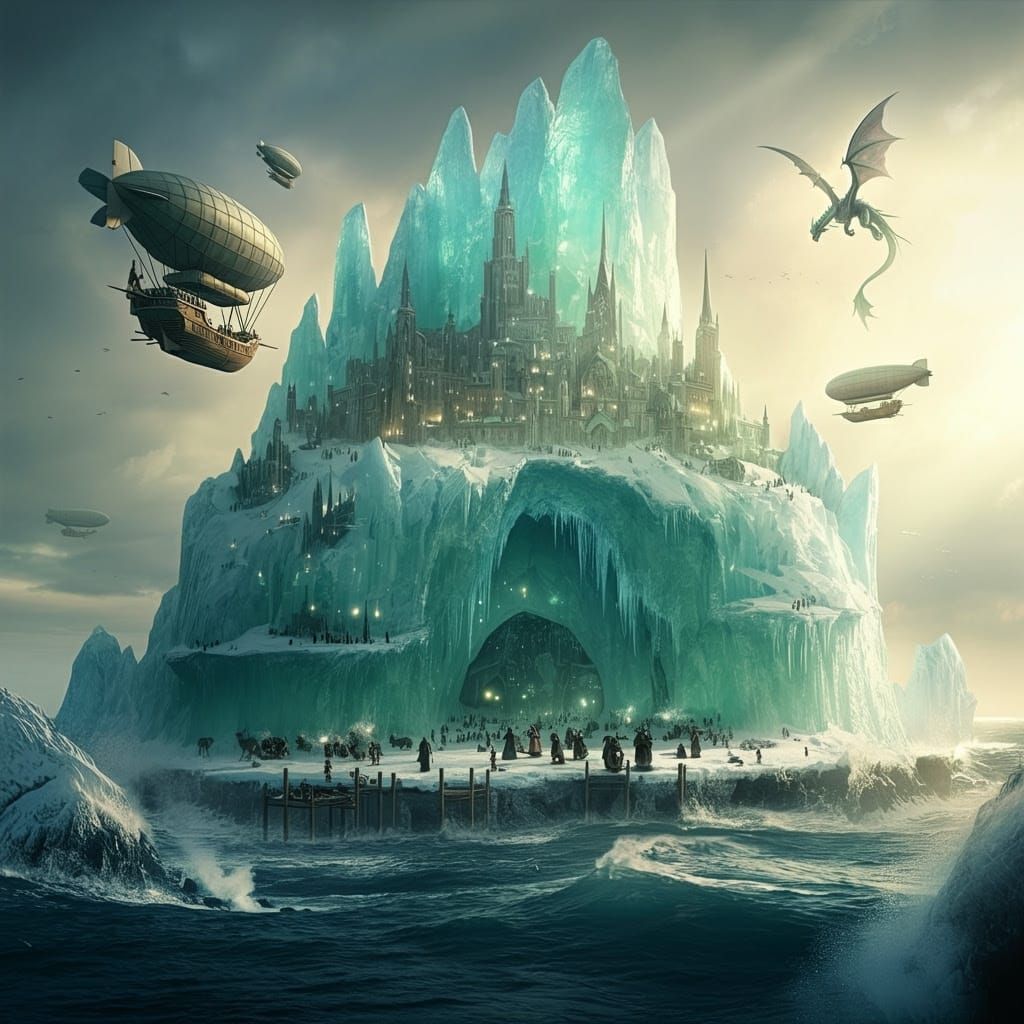 Ethereal Ice City Amidst Turbulent Arctic Skies