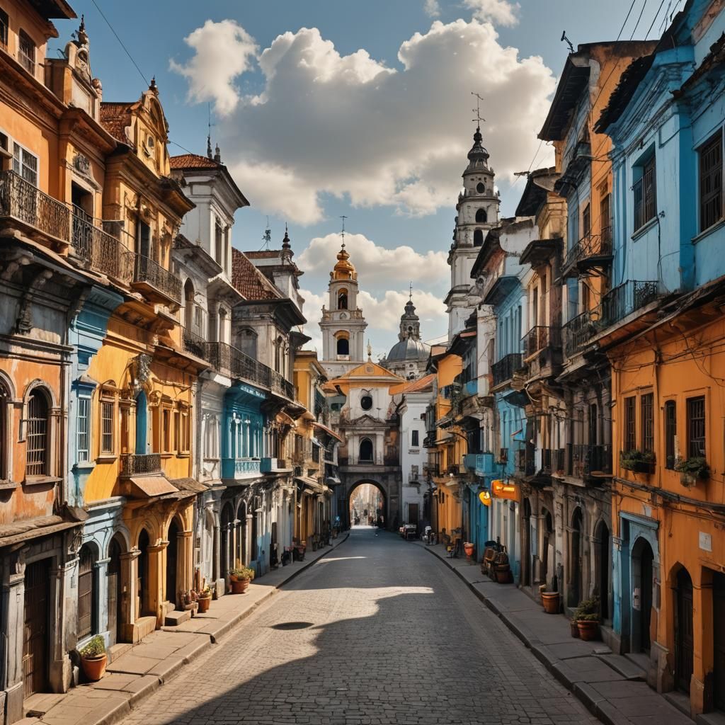 Afro-Colombian Baroque Street Scene with Clock Tower