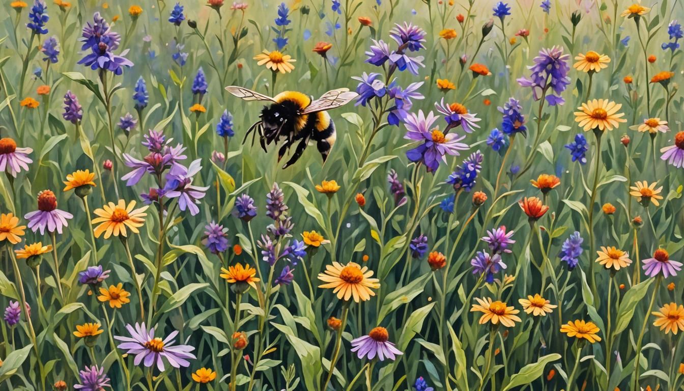 Bumblebee in Wildflower Field: Gouache Impressionist Paintin...
