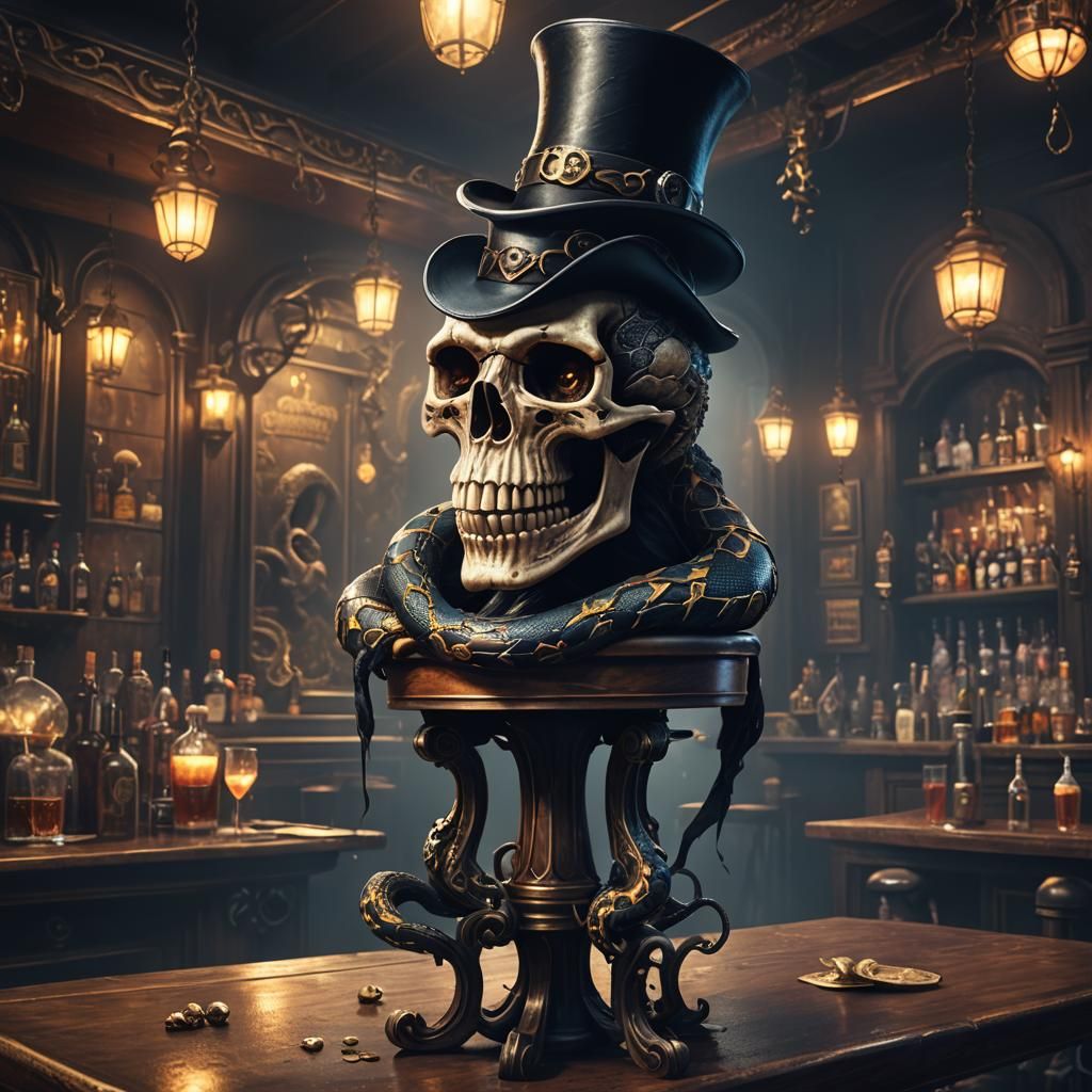 Skull-Headed Snake in Top Hat at Bar
