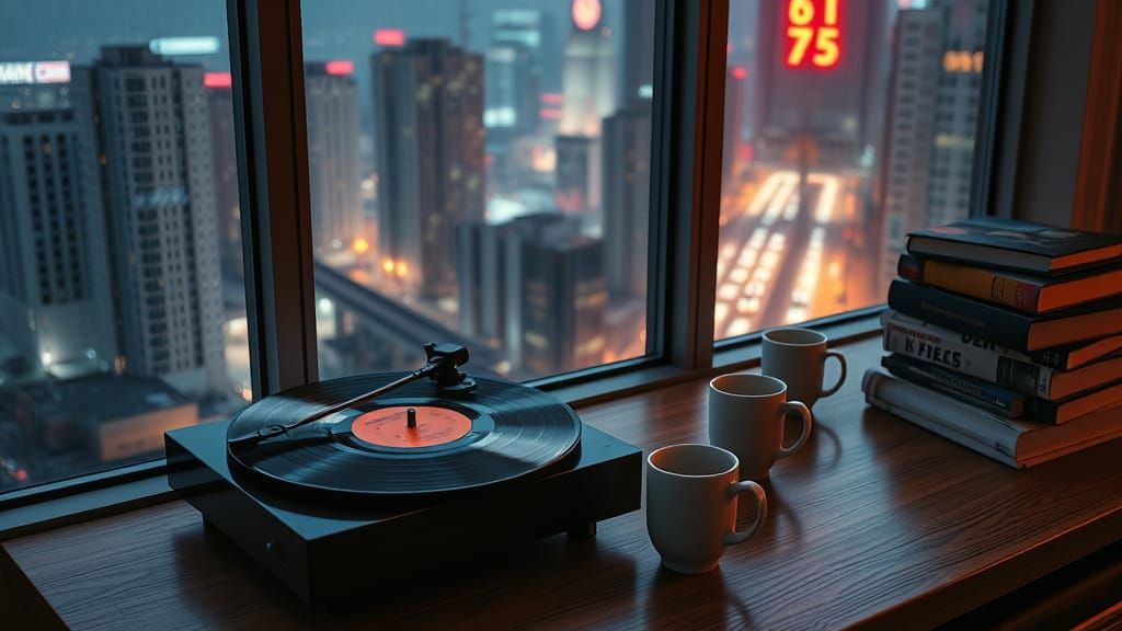 Cozy Nighttime Scene with Retro Vibes and Futuristic Citysca...