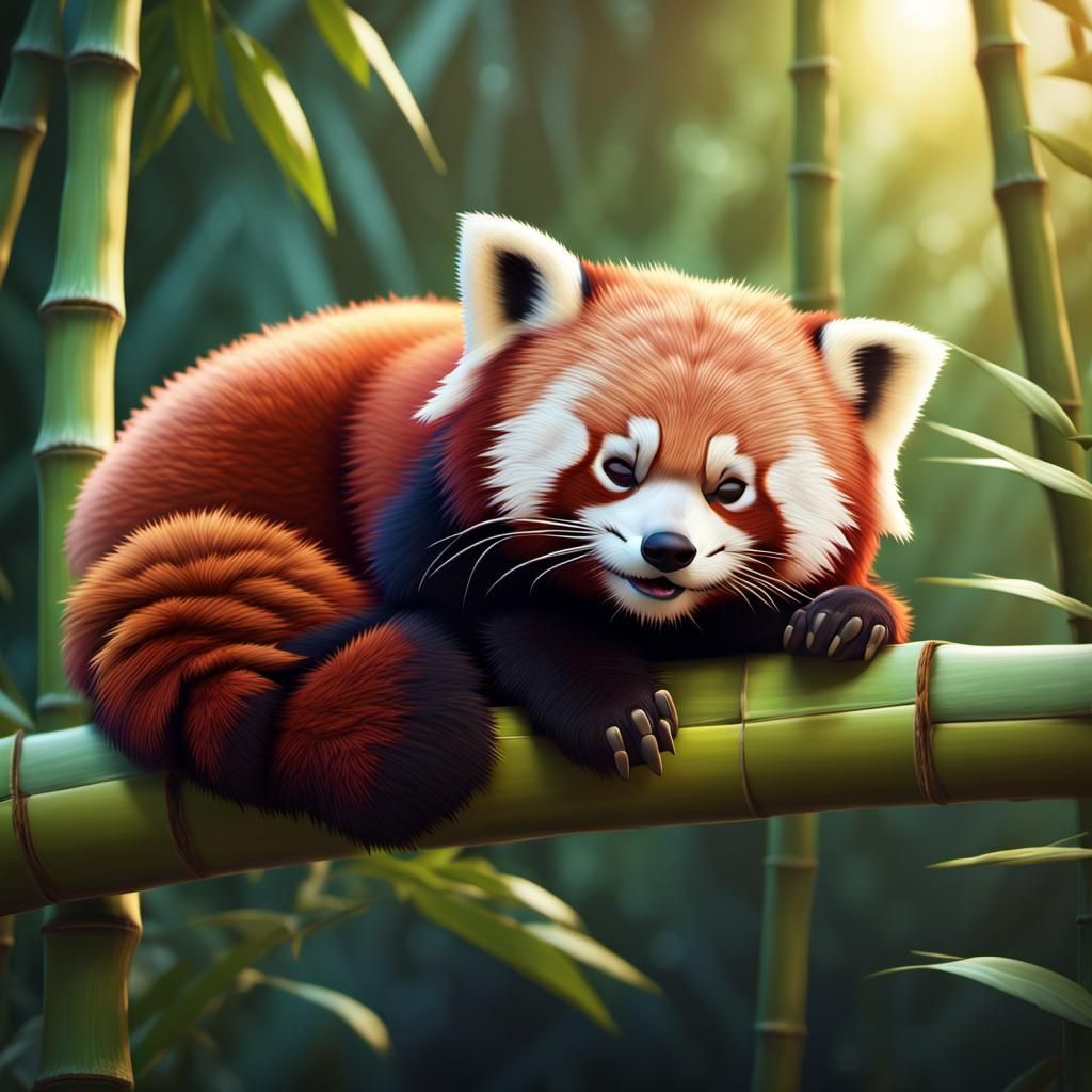 Red Panda Sleeping on Bamboo: 3D Digital Art