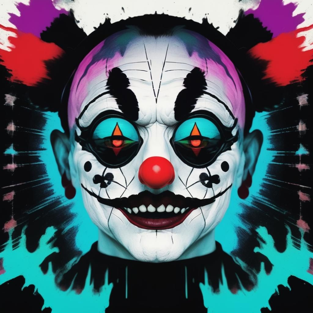 Distorted Clown Face in Cyberpunk Aesthetic