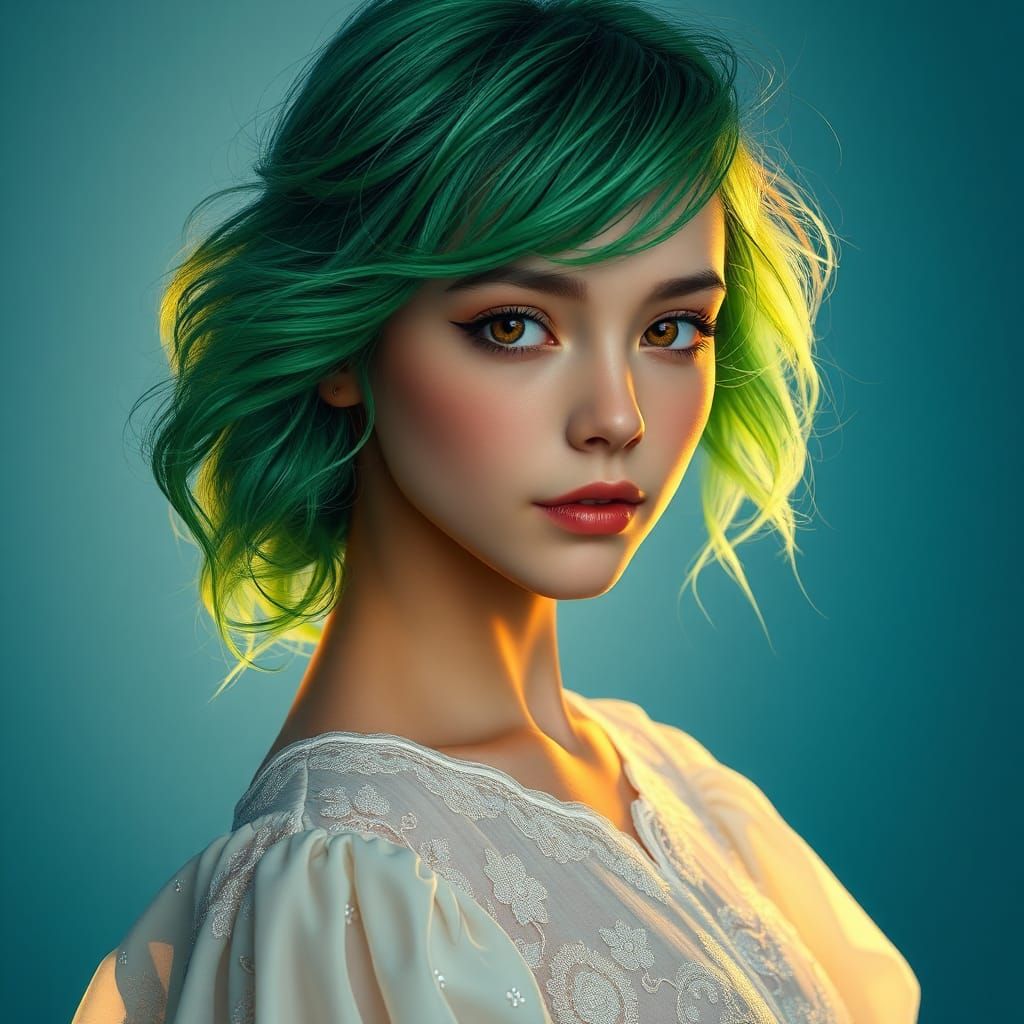 Green-Haired Girl Portrait in Art Nouveau Style