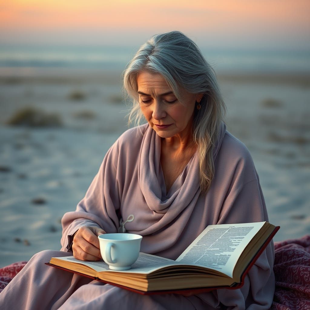 Serene Elderly Woman in Whimsical Beach Scene