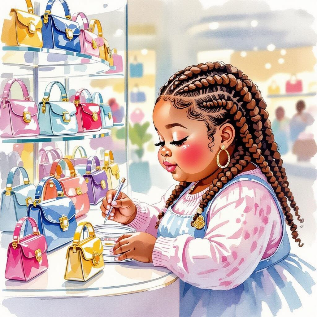 Girl Gazing at Elephant Purses in Watercolor Style
