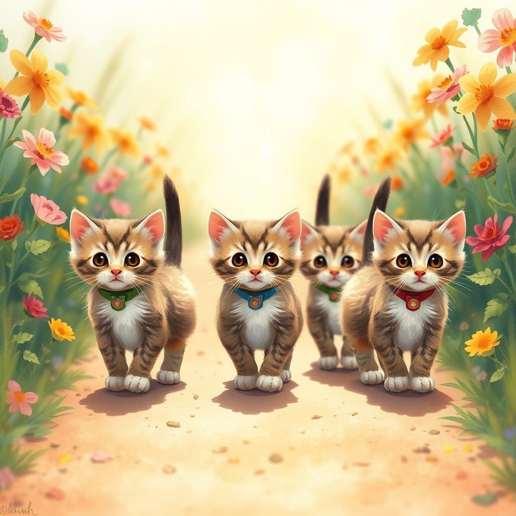 Fluffy Kitten Parade in Whimsical Watercolor Style