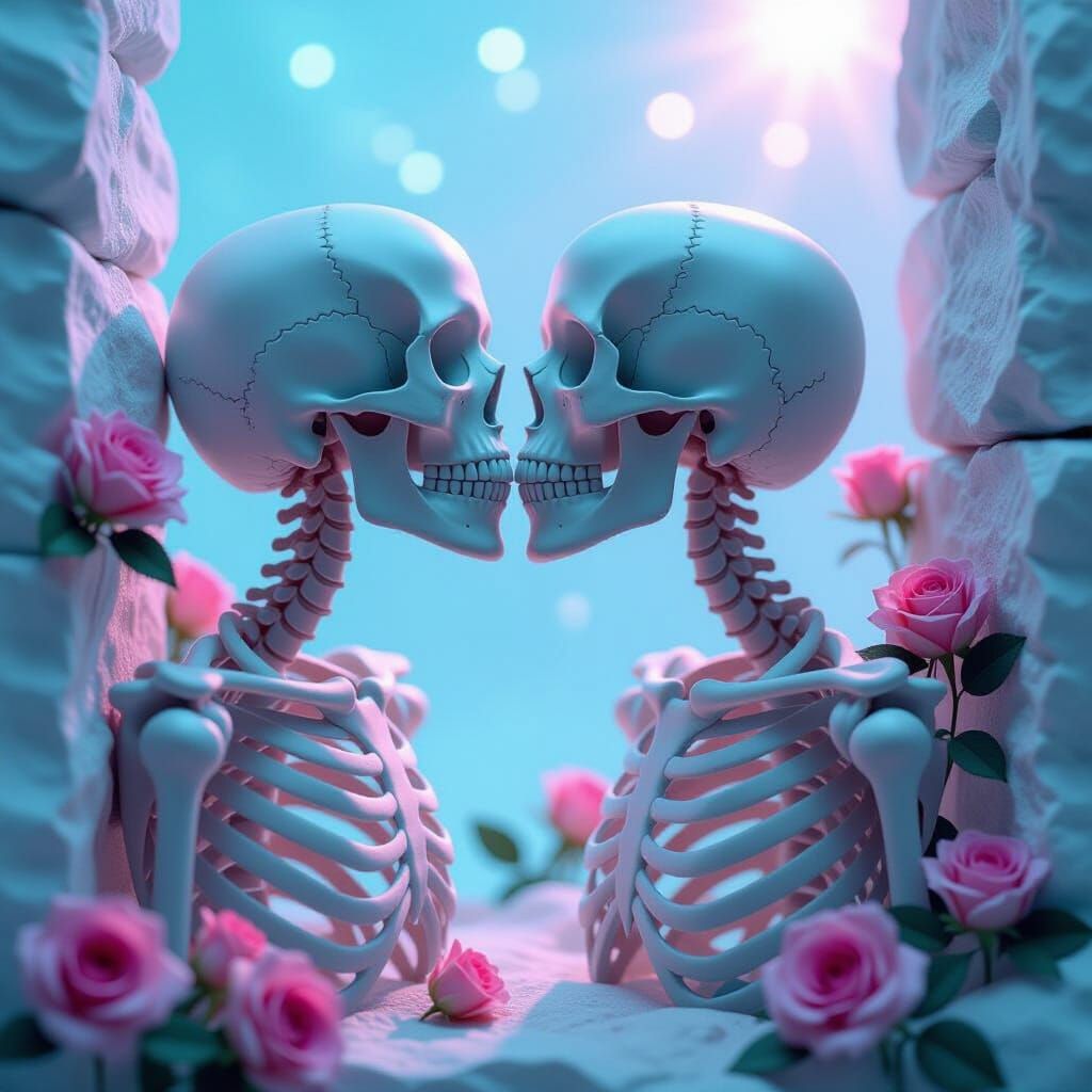 Sweet Macabre Skeletons Kissing in Ethereal Light