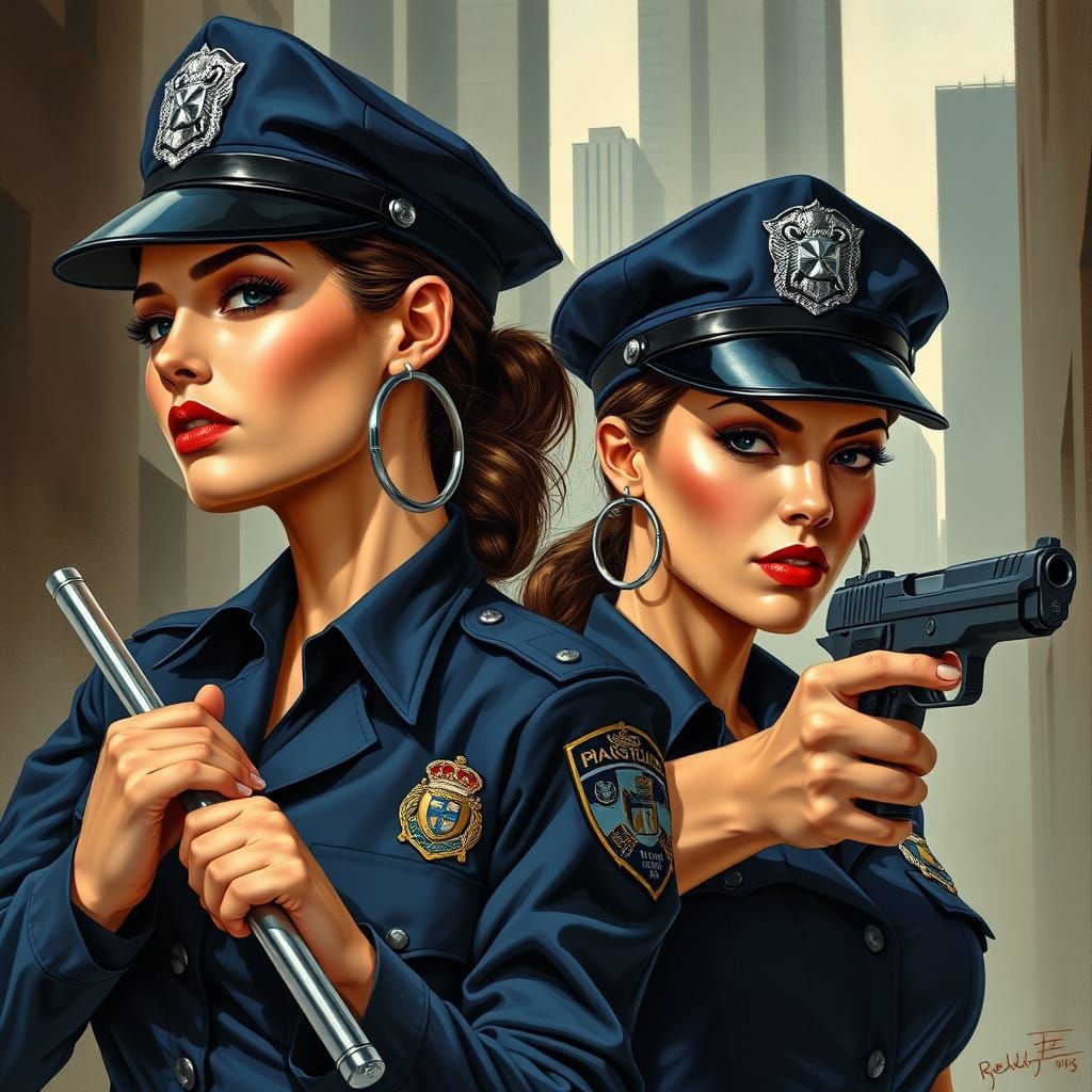 Police Officers in High-Stakes Action, in the Style of Alber...