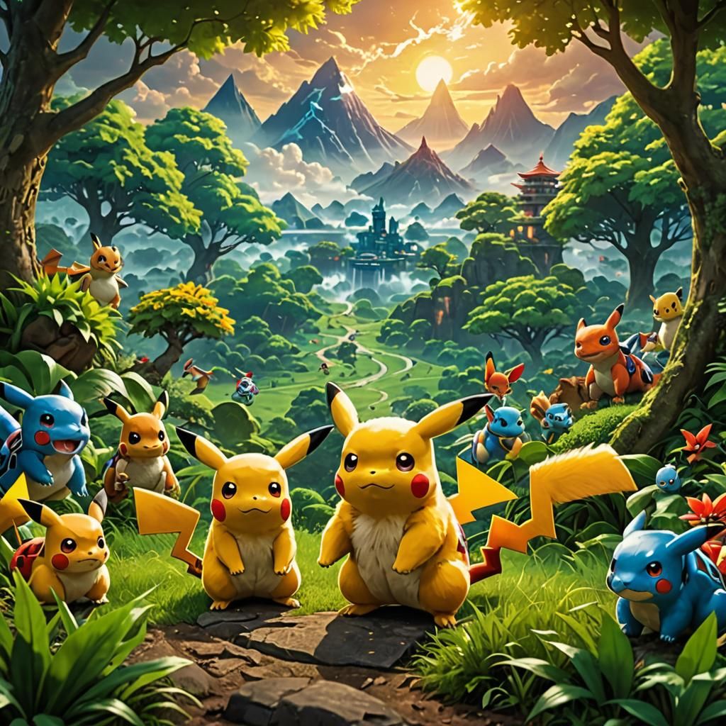 Ash and Pikachu in Lush Kanto Landscape
