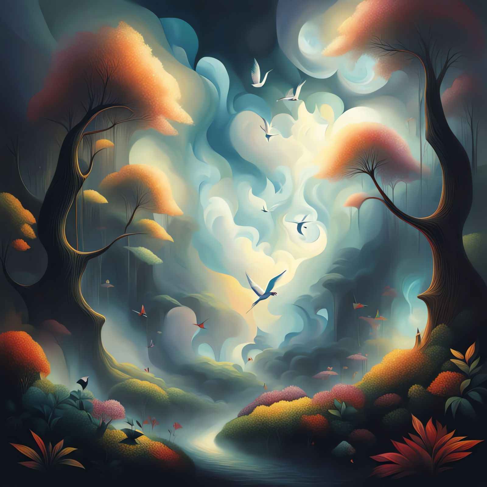 Surreal Cubist Landscape with Geometric Lion, Watercolor Hum...