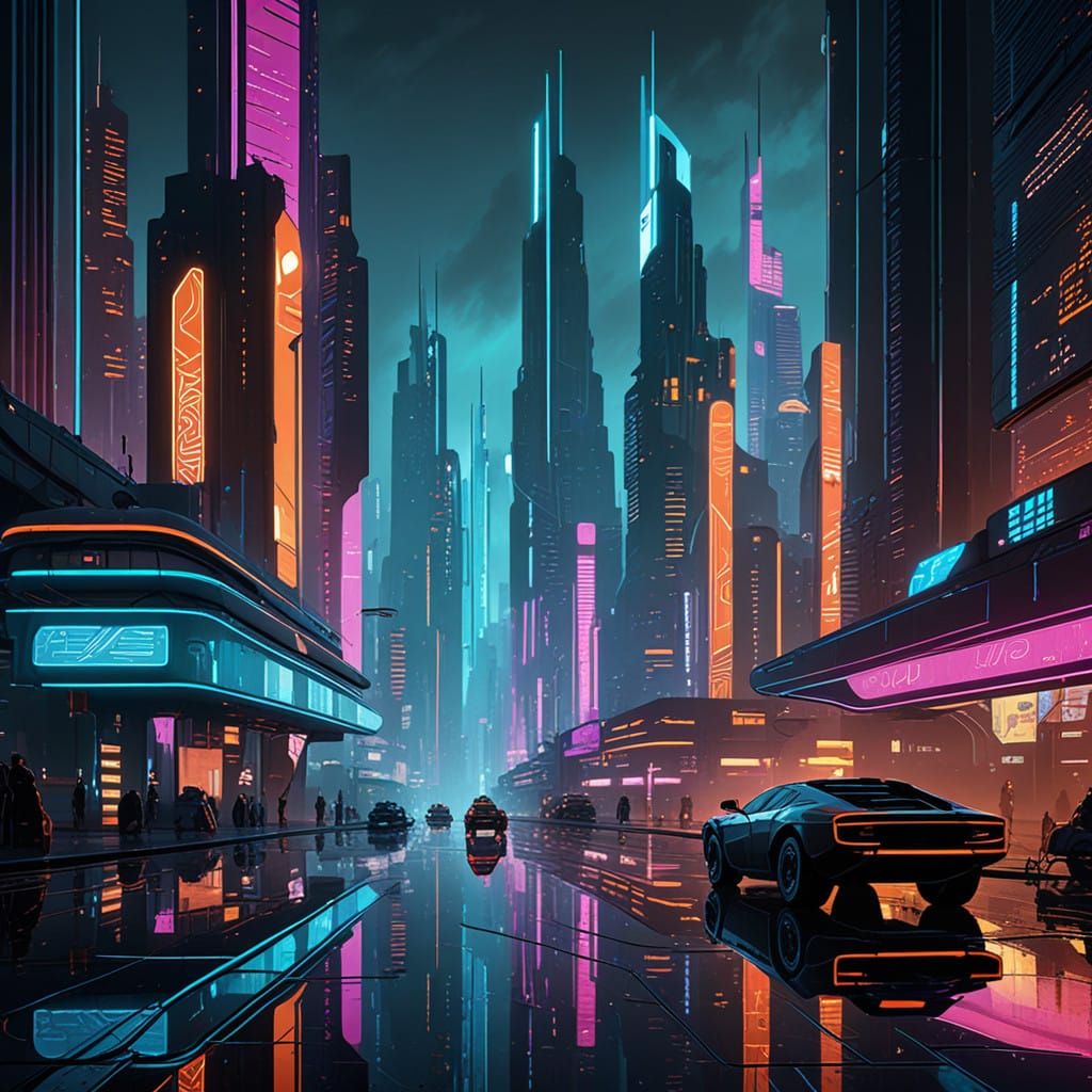 Futuristic Cityscape at Dusk in Cyberpunk Style