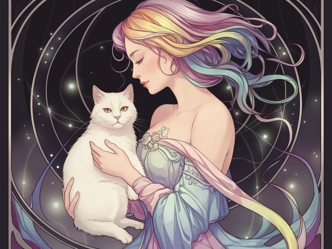 Elegant Art Nouveau Woman with Cat in Mystical Atmosphere