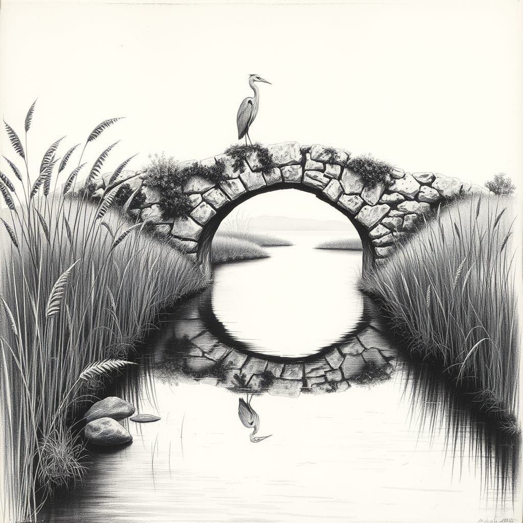 Romantic Landscape with Weathered Bridge and Majestic Heron