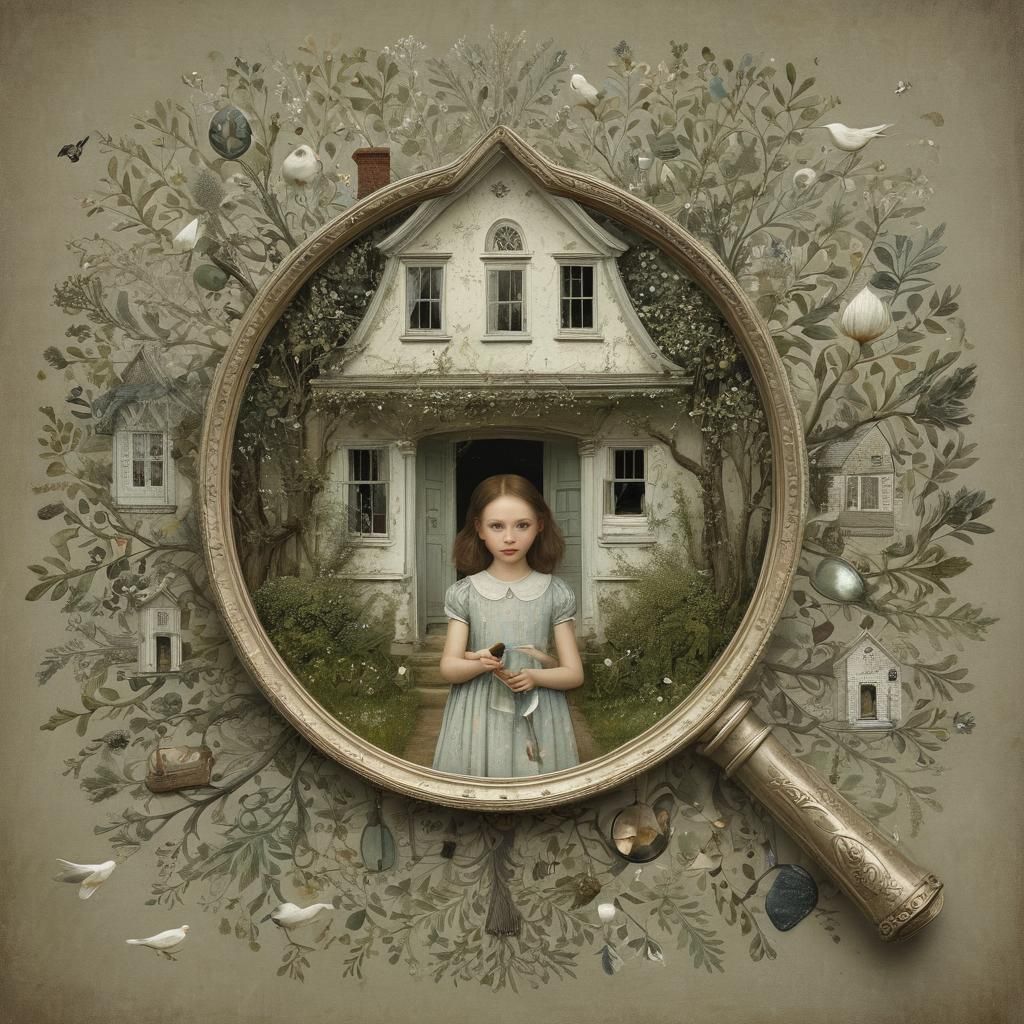 Girl Exploring House with Mirror, Intricate Art