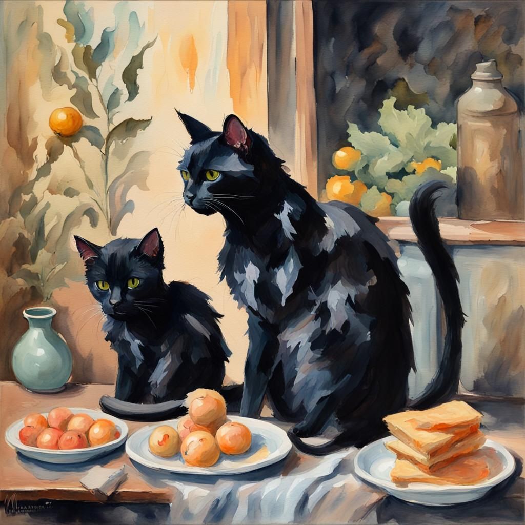Black Cat Family Eating, Gouache Watercolor Style
