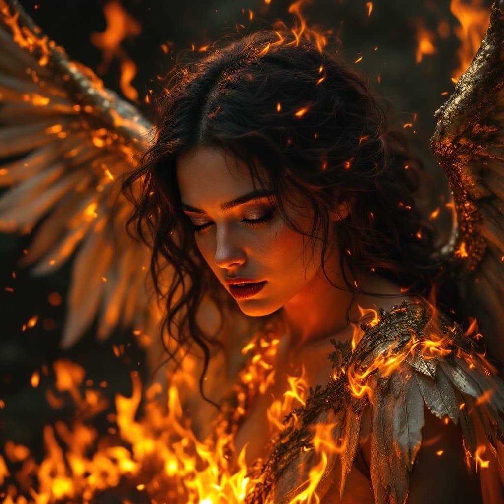 Surreal Fallen Angel in Hellish Inferno Portrait