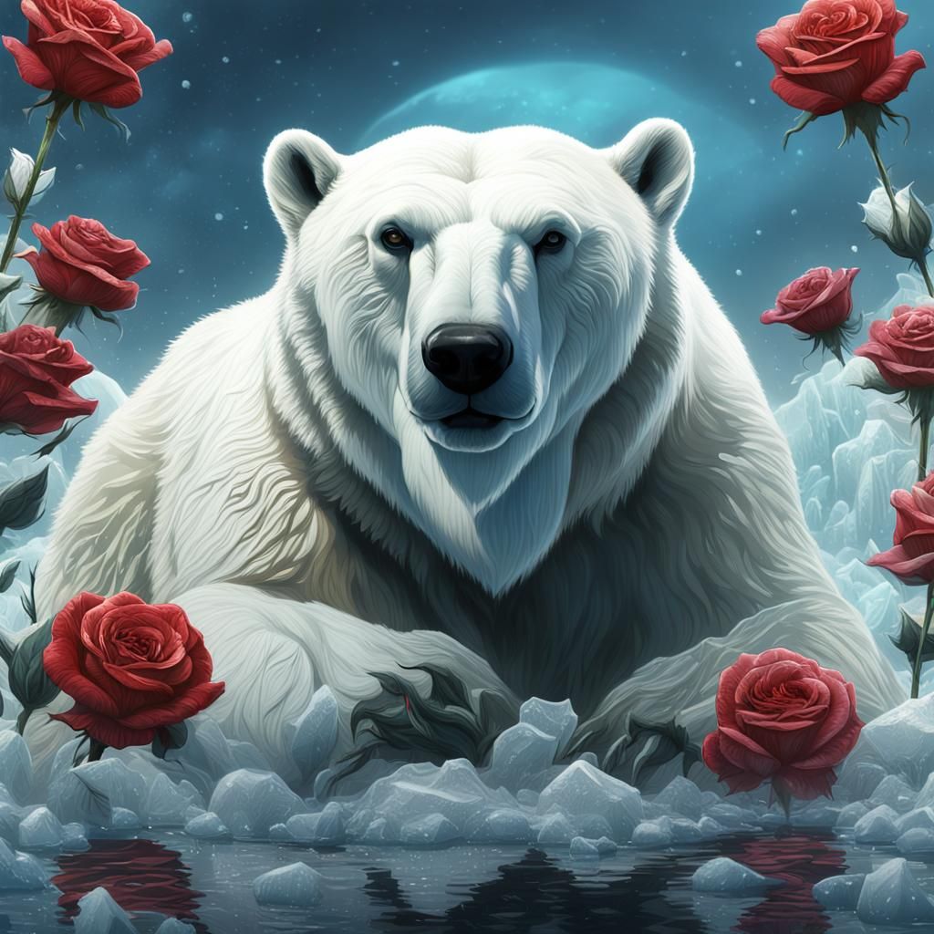 Polar Bear Surrounded by White Roses on Ice