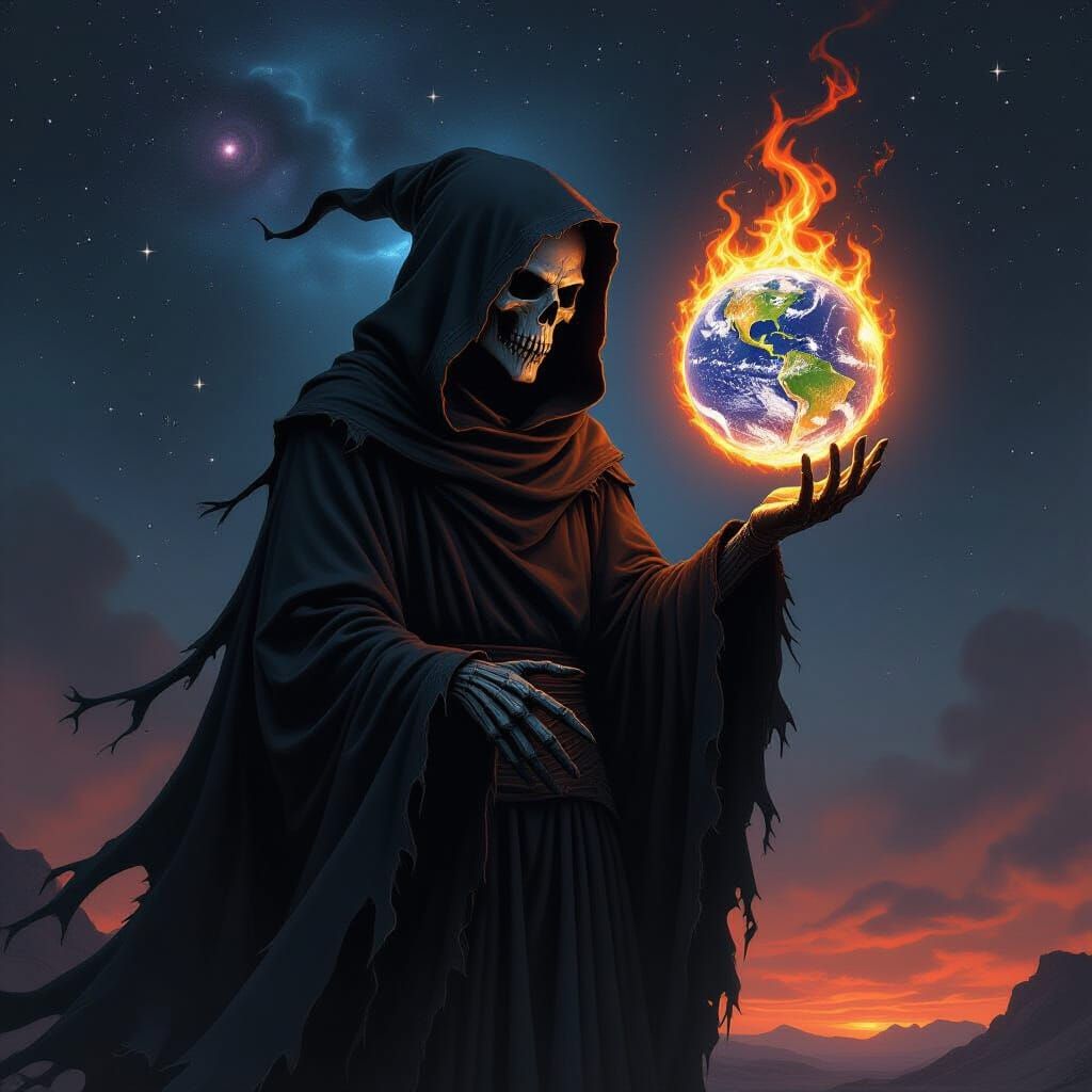 Grim Reaper Ignites Earth in Dark Space Art