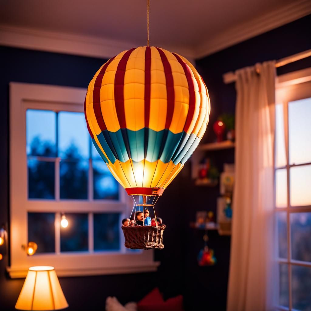 A model of a hot air balloon hanging from the ceiling in a boy's bedroom.