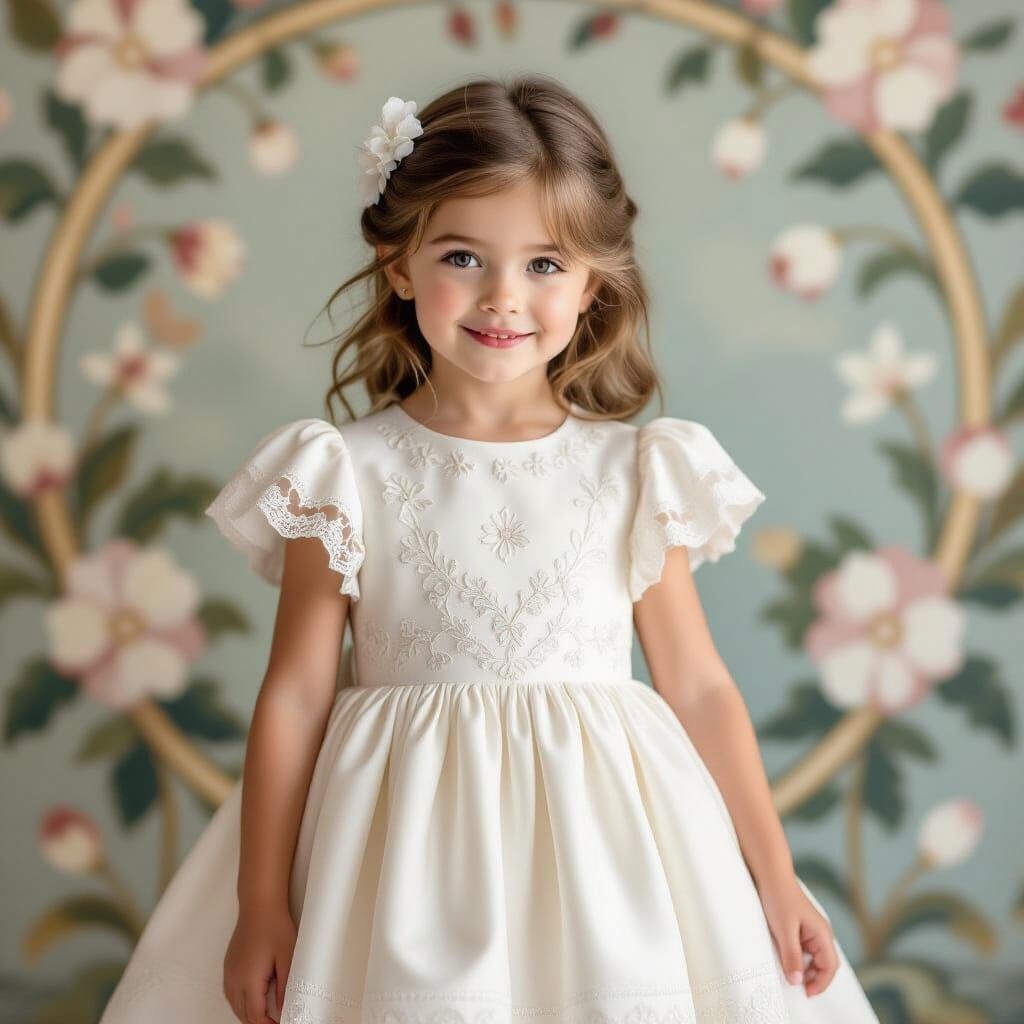 Girl in Elegant Dress with Floral Lace Embroidery