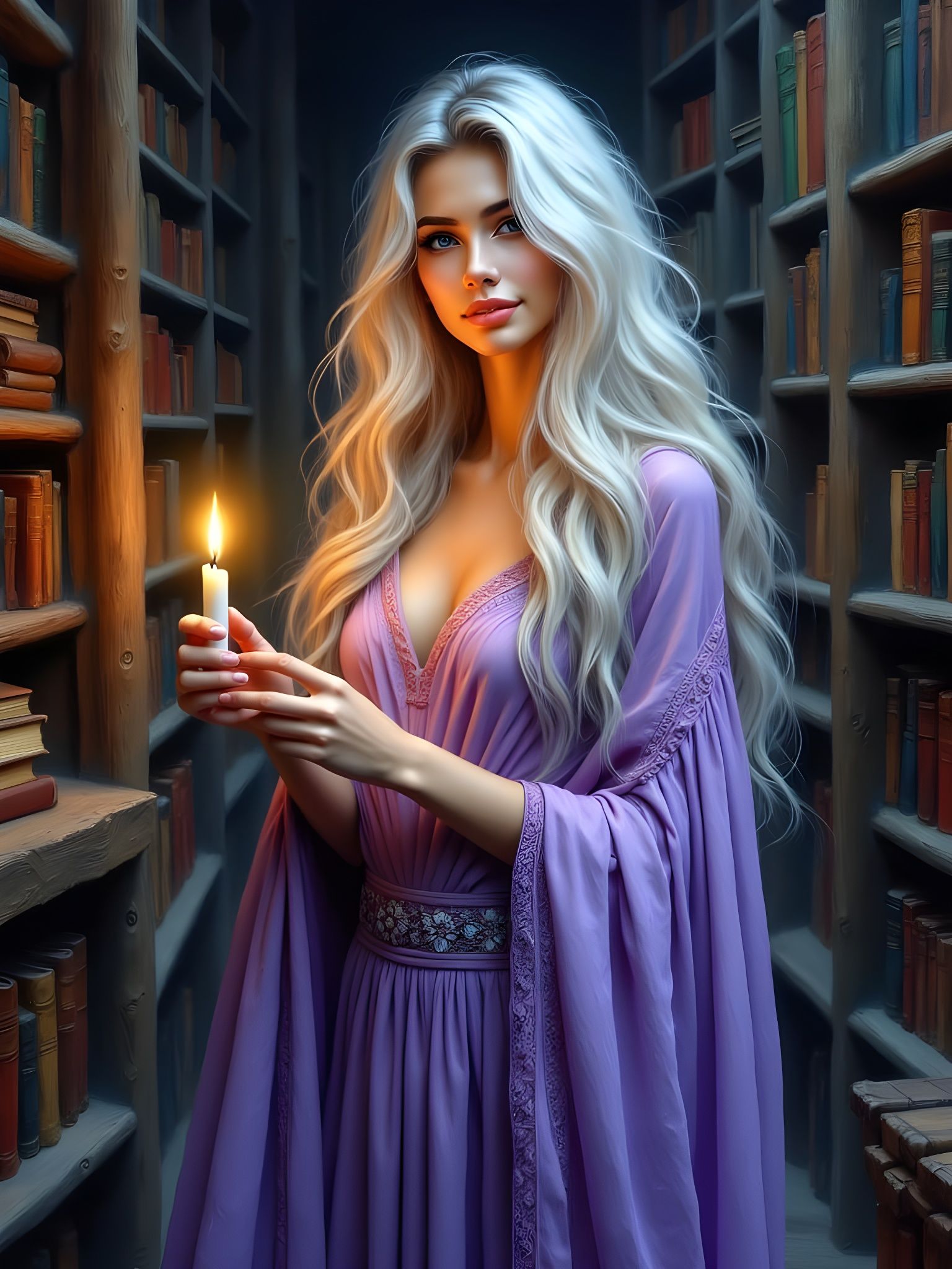 Norse Goddess in Soft Impressionist Library Scene