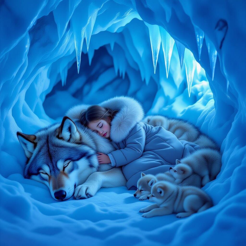 Serene Girl Sleeps in Wolf's Grasp in Snow Cave