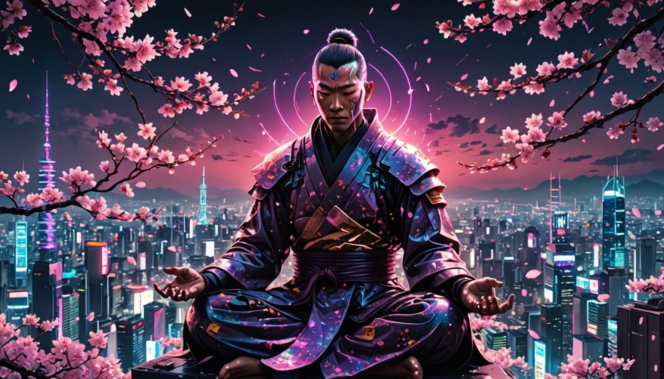 Cybernetic Samurai Meditates in Neo-Tokyo Dreamscape