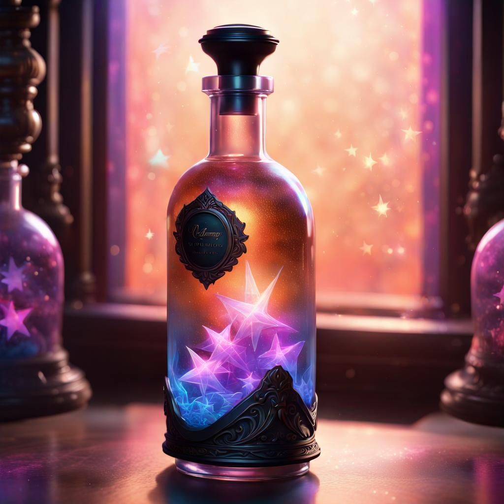 a bottle of elegant and chic potion, magic mist, glimmering stars, bioluminescent black light inside, moody aura