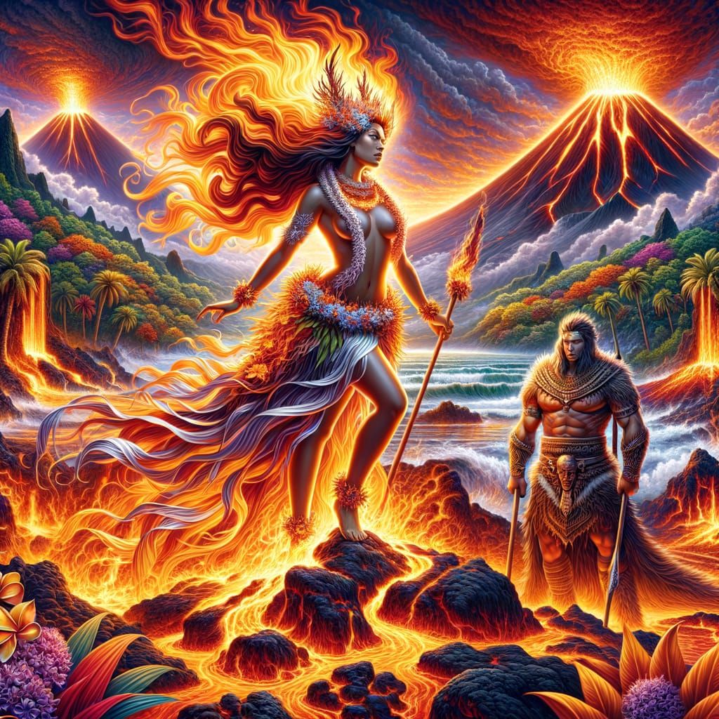Hawaiian Goddess Pele and Kuu in Majestic Volcanic Landscape