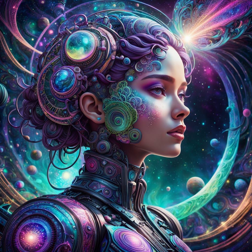 Futuristic Lab in Cosmic Neon Glow, Scientist Works on Time ...