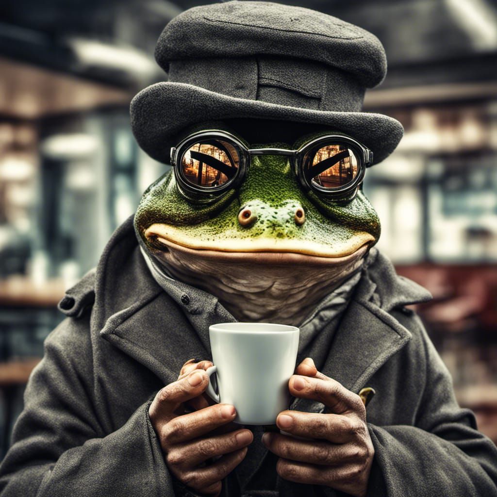 Hyperrealistic Frog Inspector Joe with Coffee