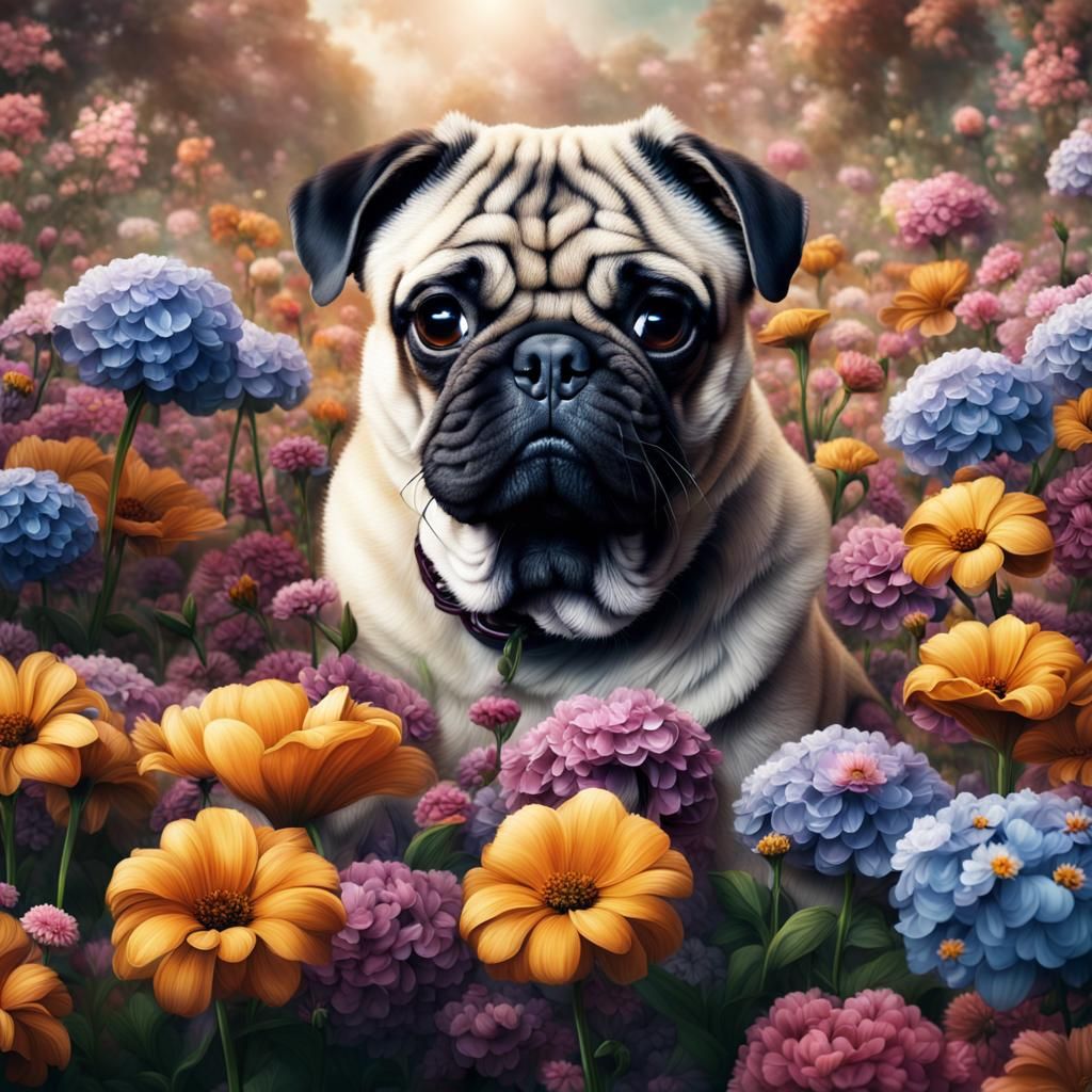 Cute Pug Dog Portrait in Flowers