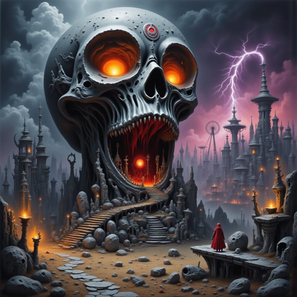 A giant skull dominates a surreal landscape with fantastical...