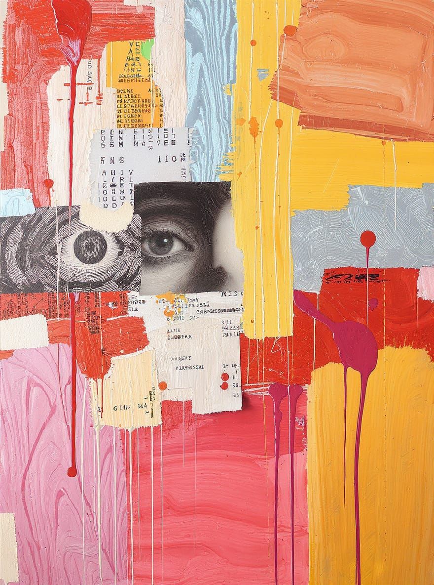 Abstract Art with Receipts, Ink, and Eyes in Mixed Media