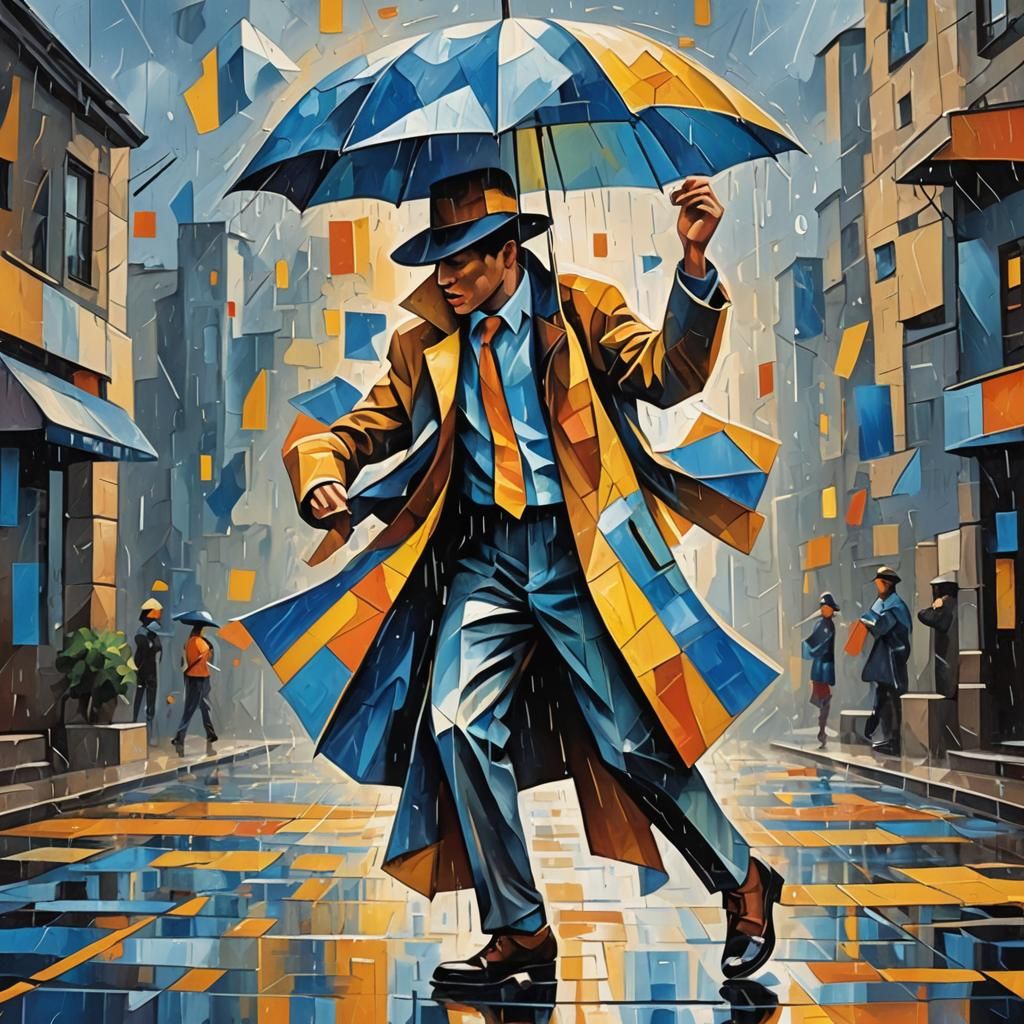 Cubist Person Dancing in Rainy Geometric Scene