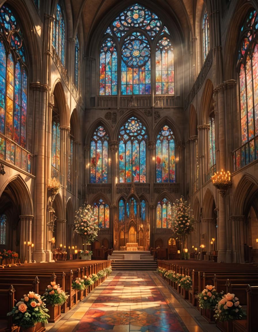 Ethereal Cathedral Interior with Stained Glass and Flowers