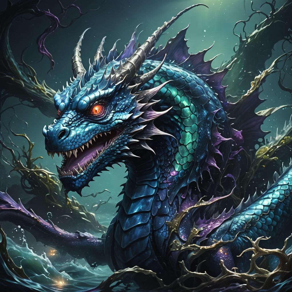 Blue Dragon Swimming in Dark Fantasy Sea
