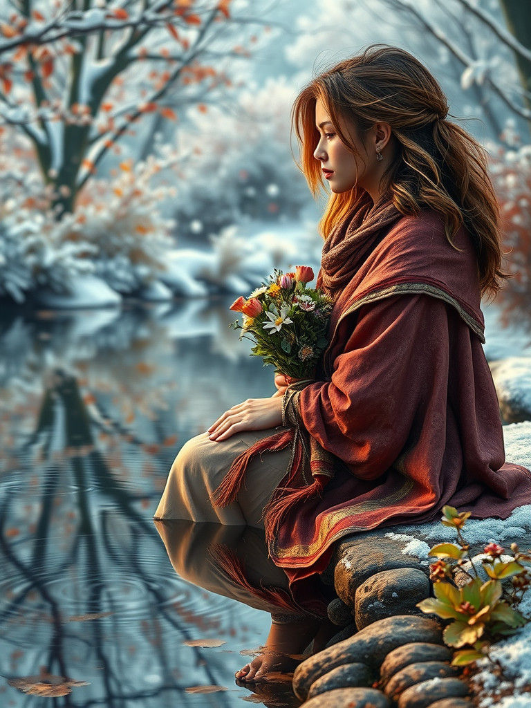 Woman by Pond in 3D Oil Paint Style