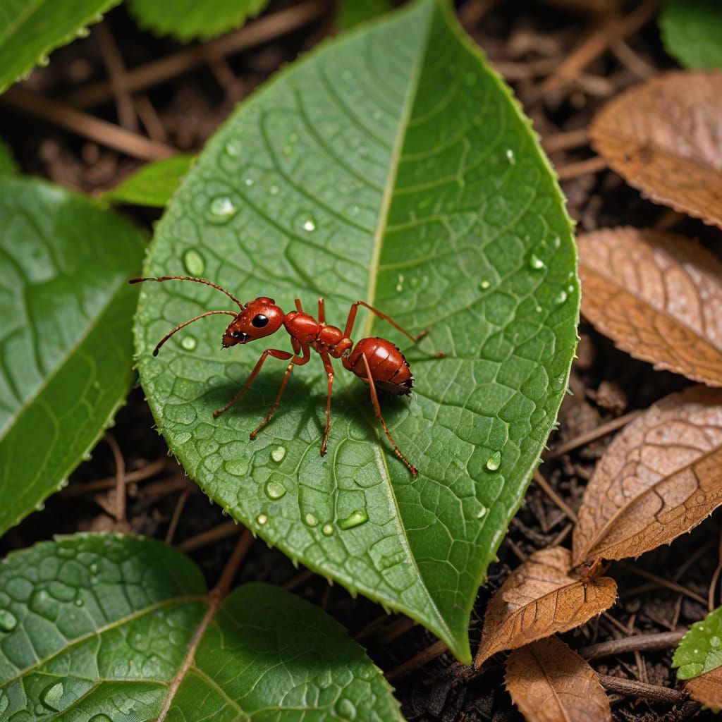 Vibrant Forest Floor Scene with Fire Ant