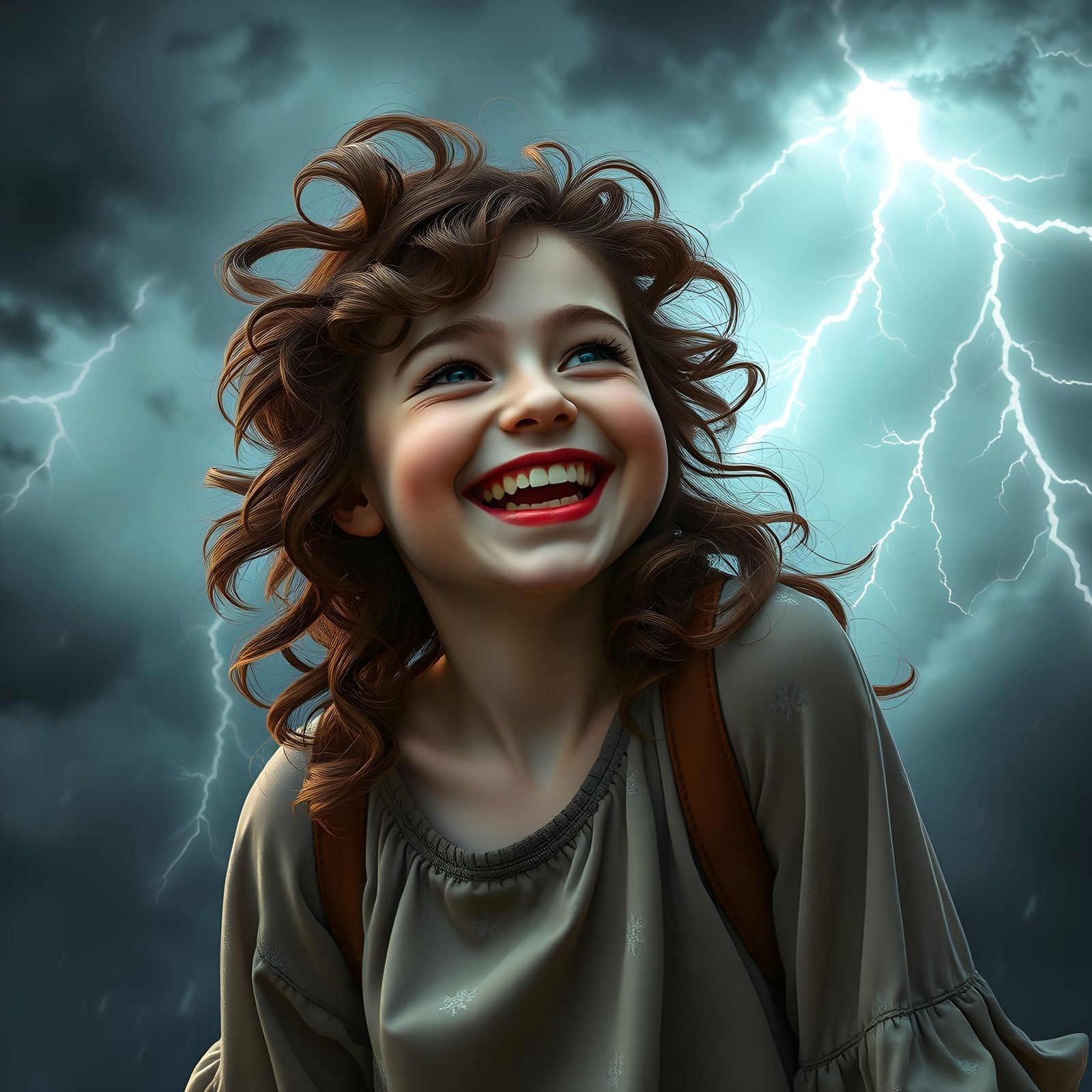 British Girl Laughing in Thunderstorm: Detailed Matte Painti...