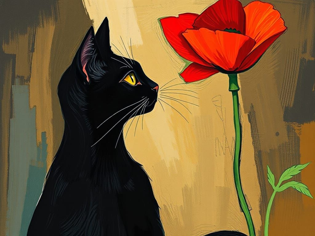 Abstract Black Cat Gazes at Red Poppy, Picasso Inspired