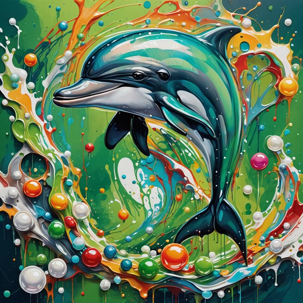 Dolphin and Glowing Pearl in Graffiti Art Style