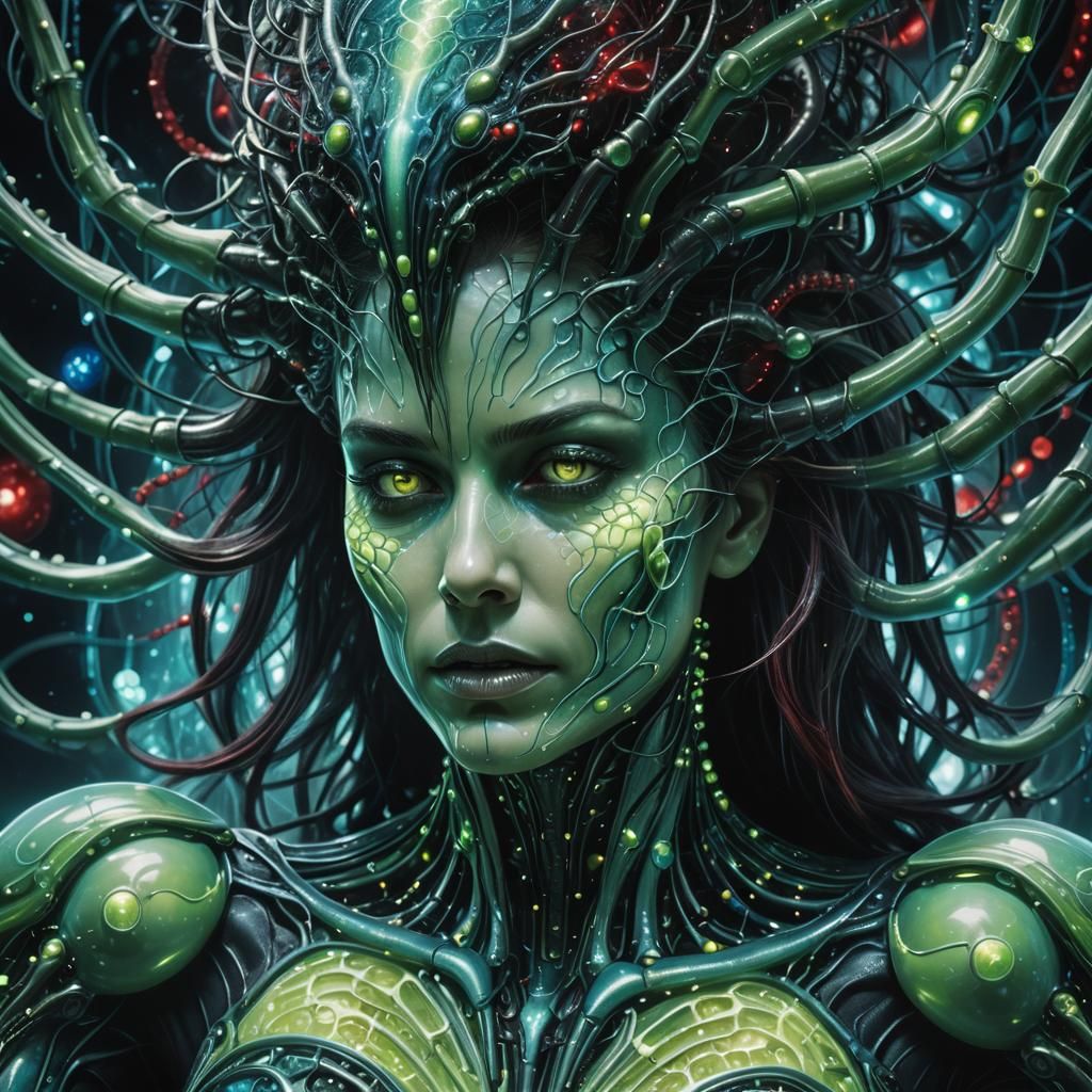 Woman Battles Through Bioluminescent Molecular Realm