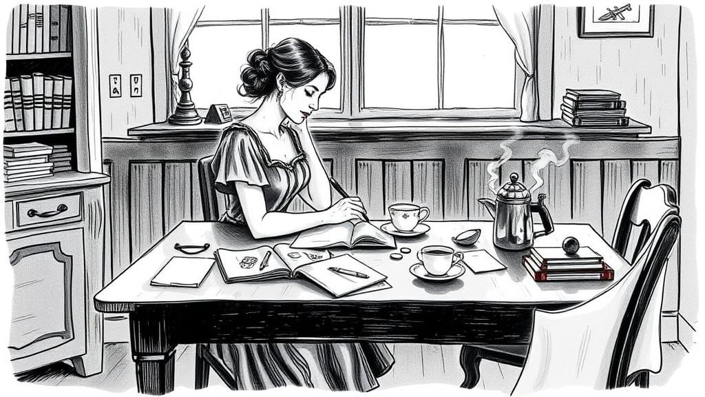 Woman Writing at Table in Monochrome Ink Sketch