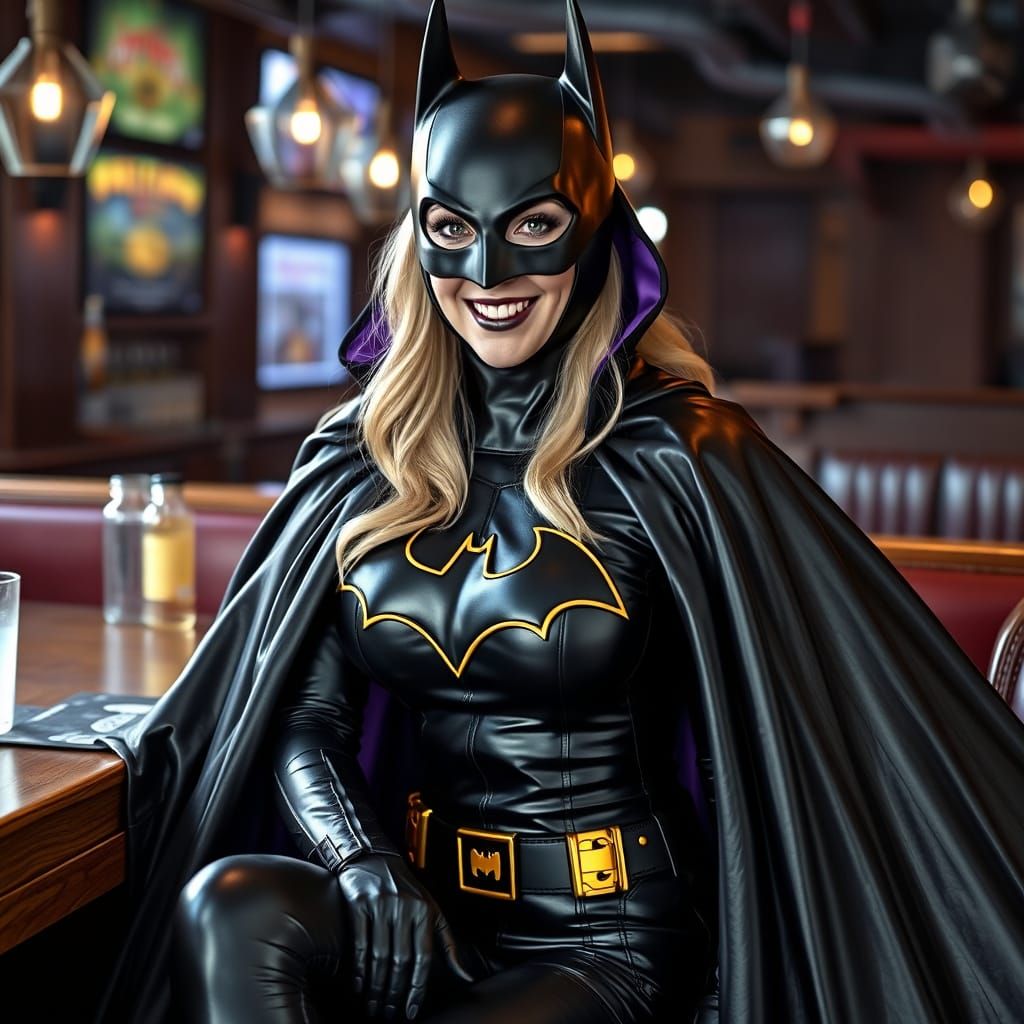 Glamorous Batgirl Sits in a Pub, Her Shiny Black Cape Flowin...