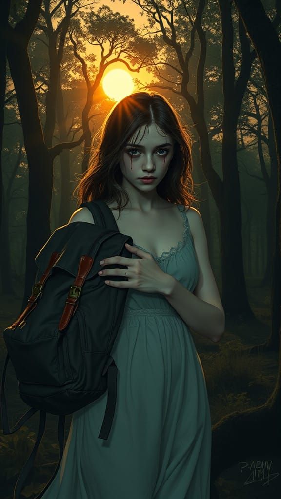 Porcelain Lady Emerges from Dark Forest at Dawn