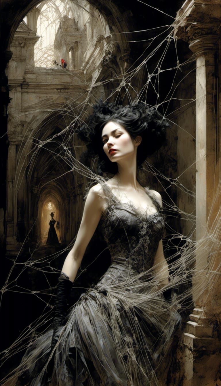 Spiderweb Dress Portrait in Gothic Setting