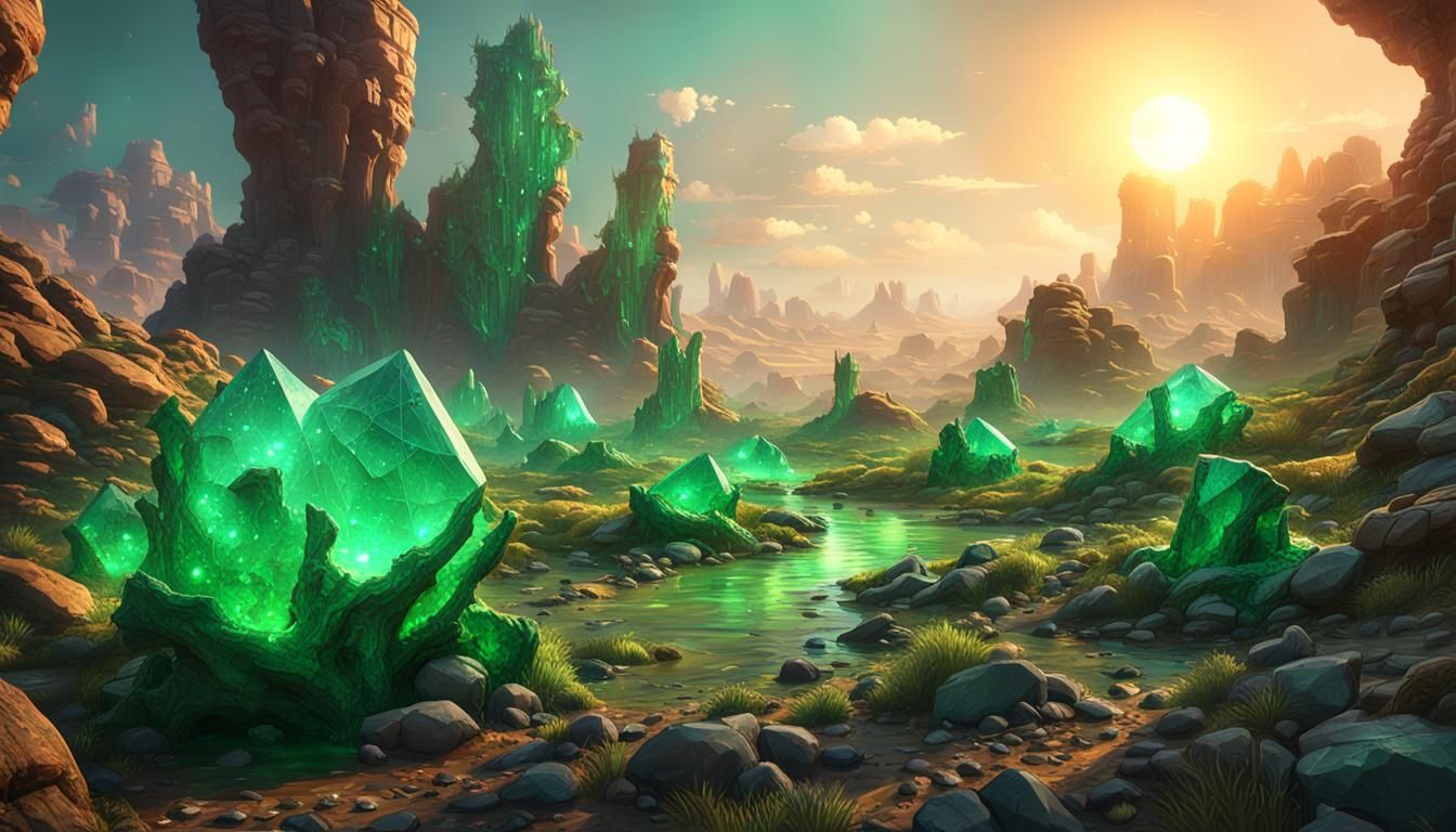 Emerald Sapphire Rocks and Bionic Plants in Dark Fantasy