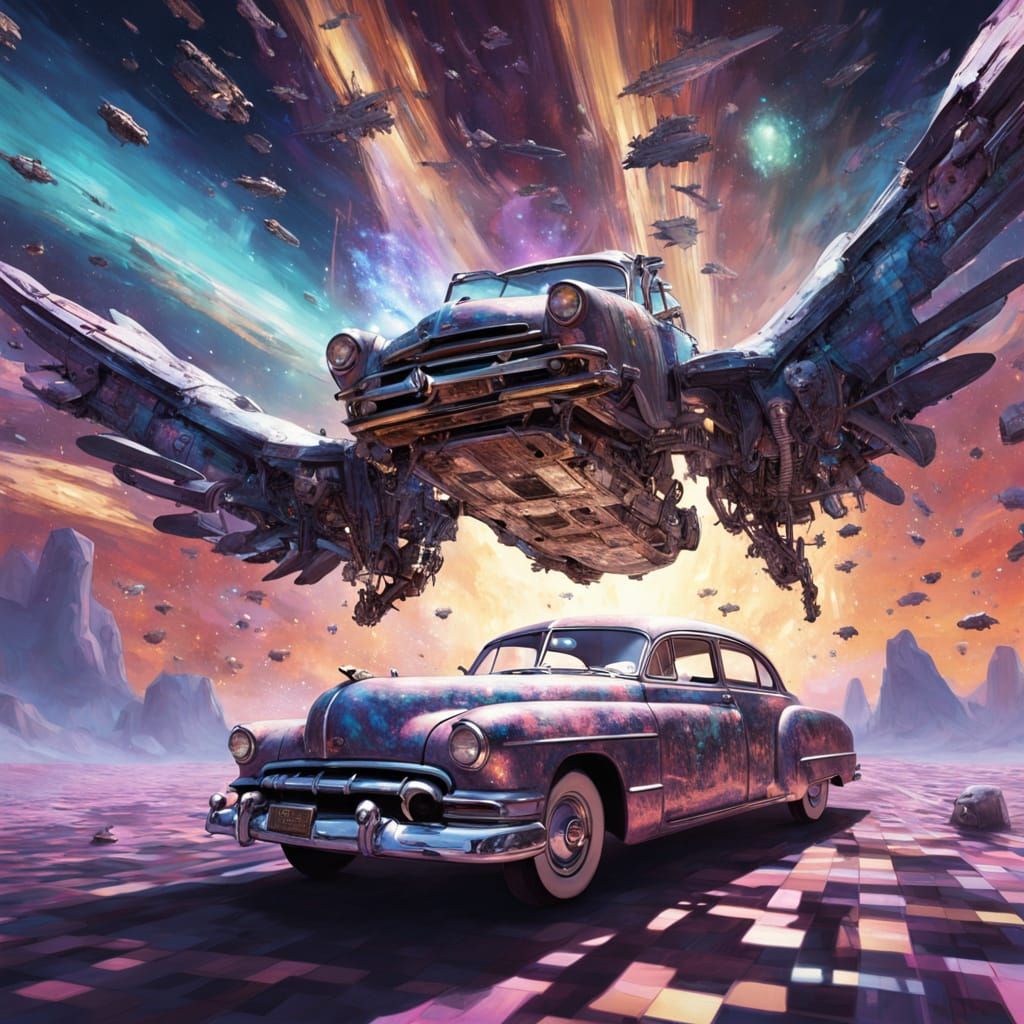 Pixel Sky Beast with Car in Nebula: Glitch Art